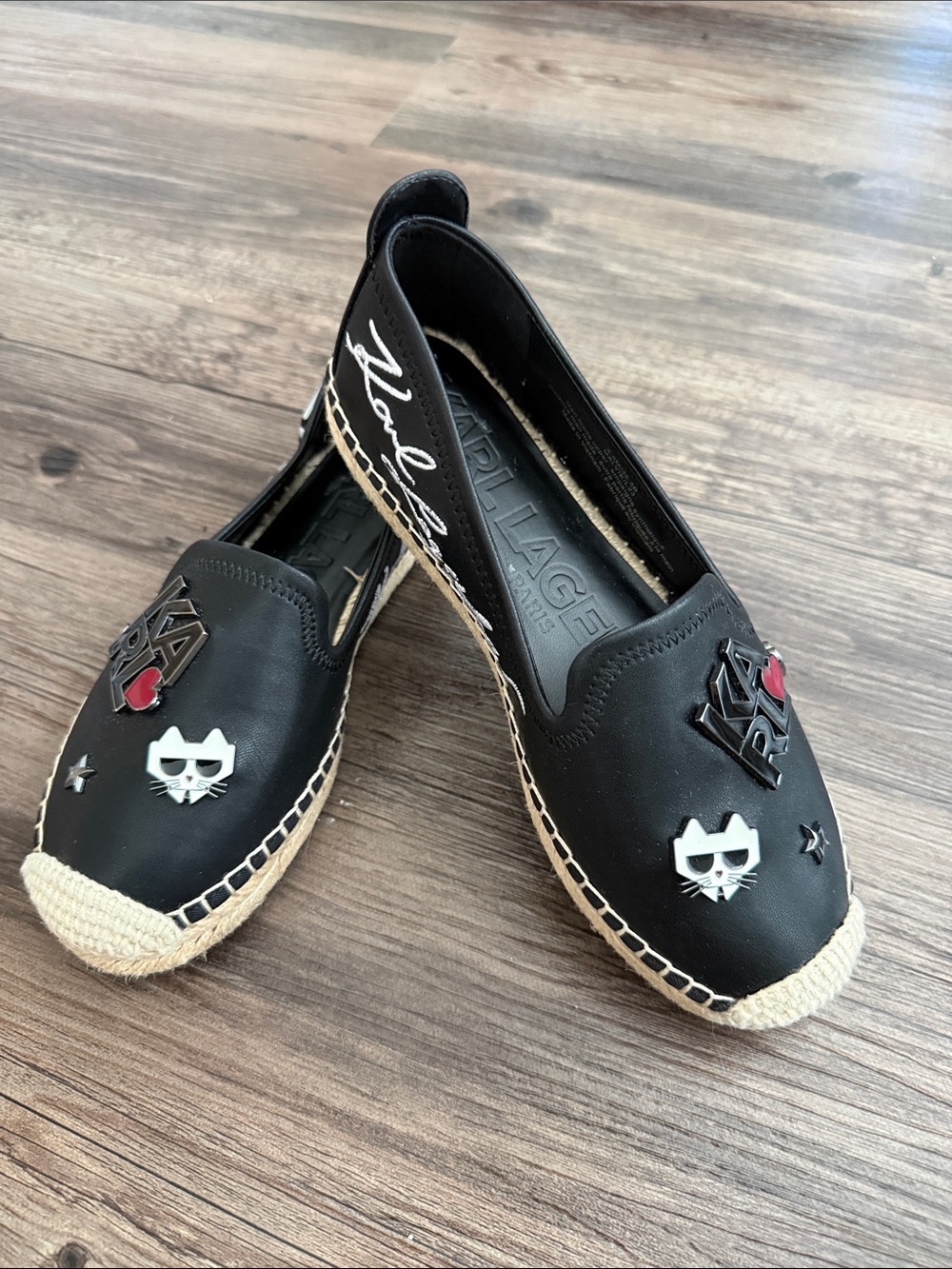 Karl Lagerfeld Black Espadrille Slip-Ons with Cat & Heart Patches